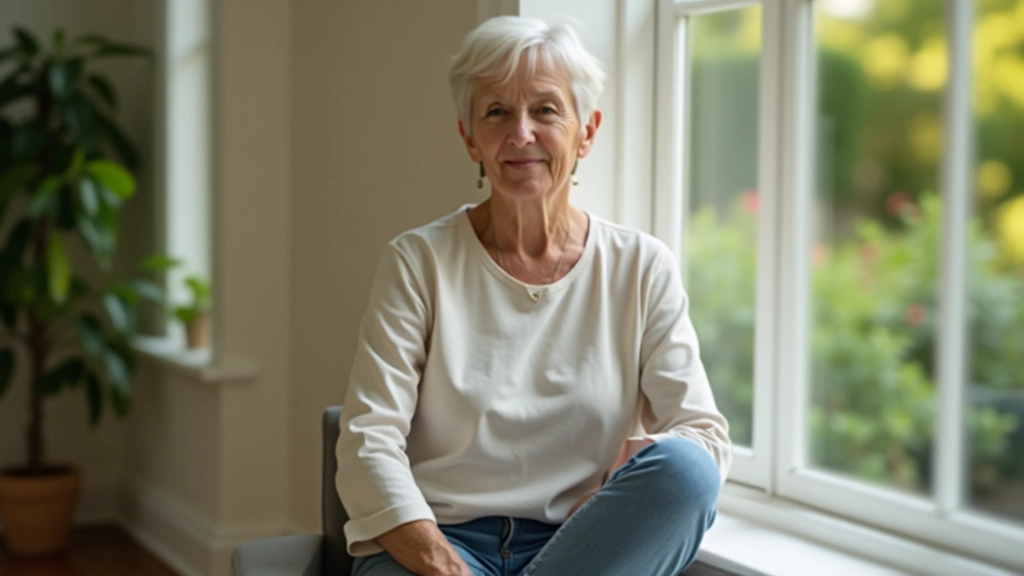 Person sitting by a large window with natural light, looking out peacefully at a garden, comfortable chair and plants in the background