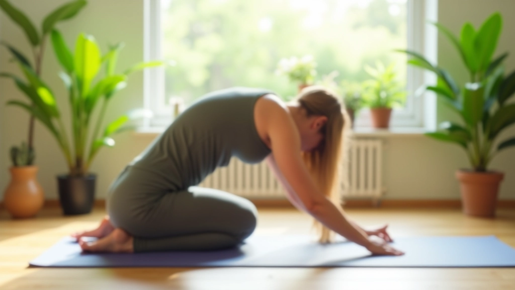 Woman aged 45 stretching on a yoga mat in a bright room with plants, demonstrating flexibility movements