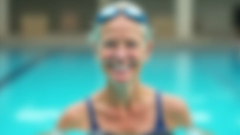 Older adult woman in swimming goggles, portrait from shoulders up, confident expression, poolside setting with water in background